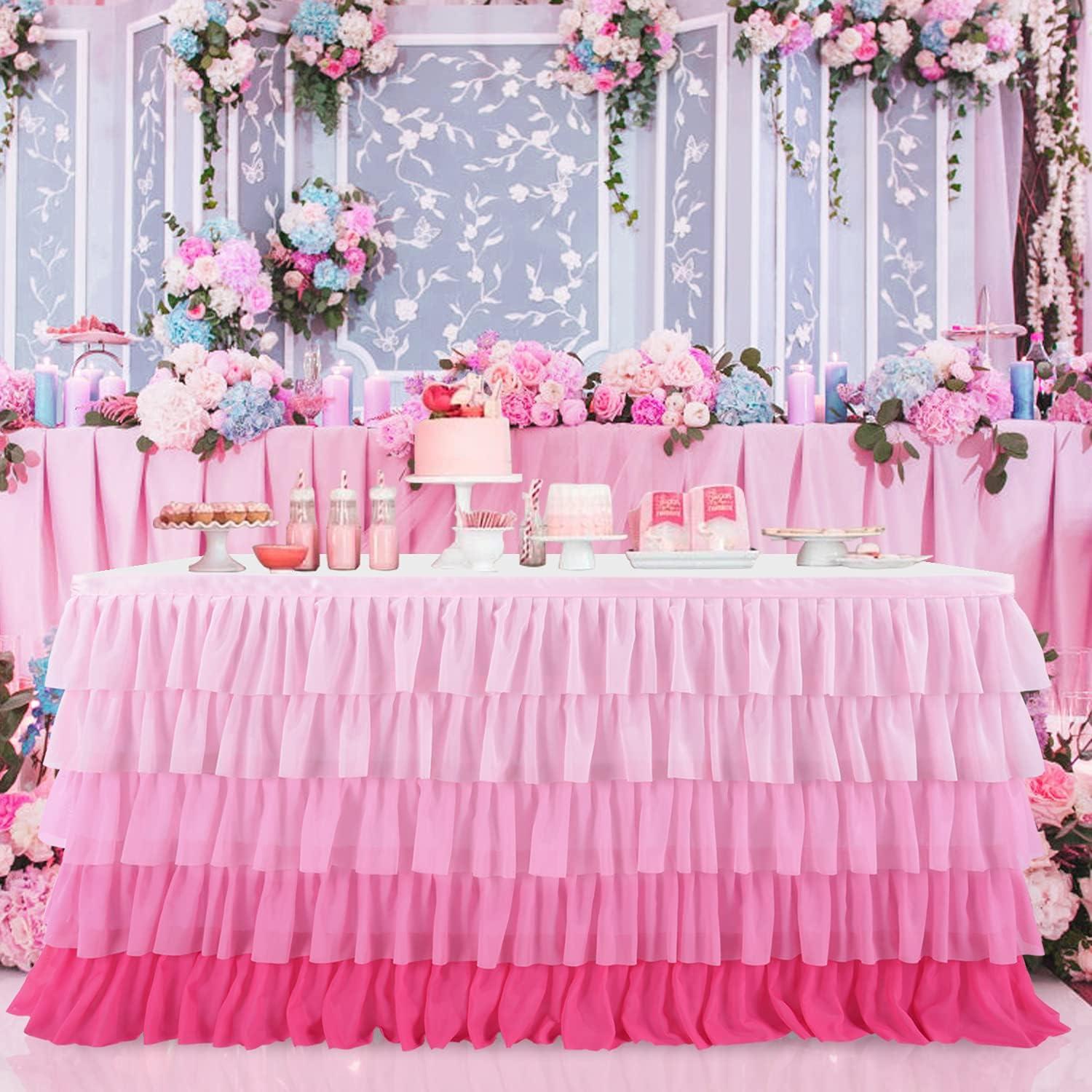 imageRainbow Table Skirt Colorful Tutu Tablecloth for 6ft Rectangle Table Birthday Uincorn Indian Party Christmas DecorationPink Chiffon