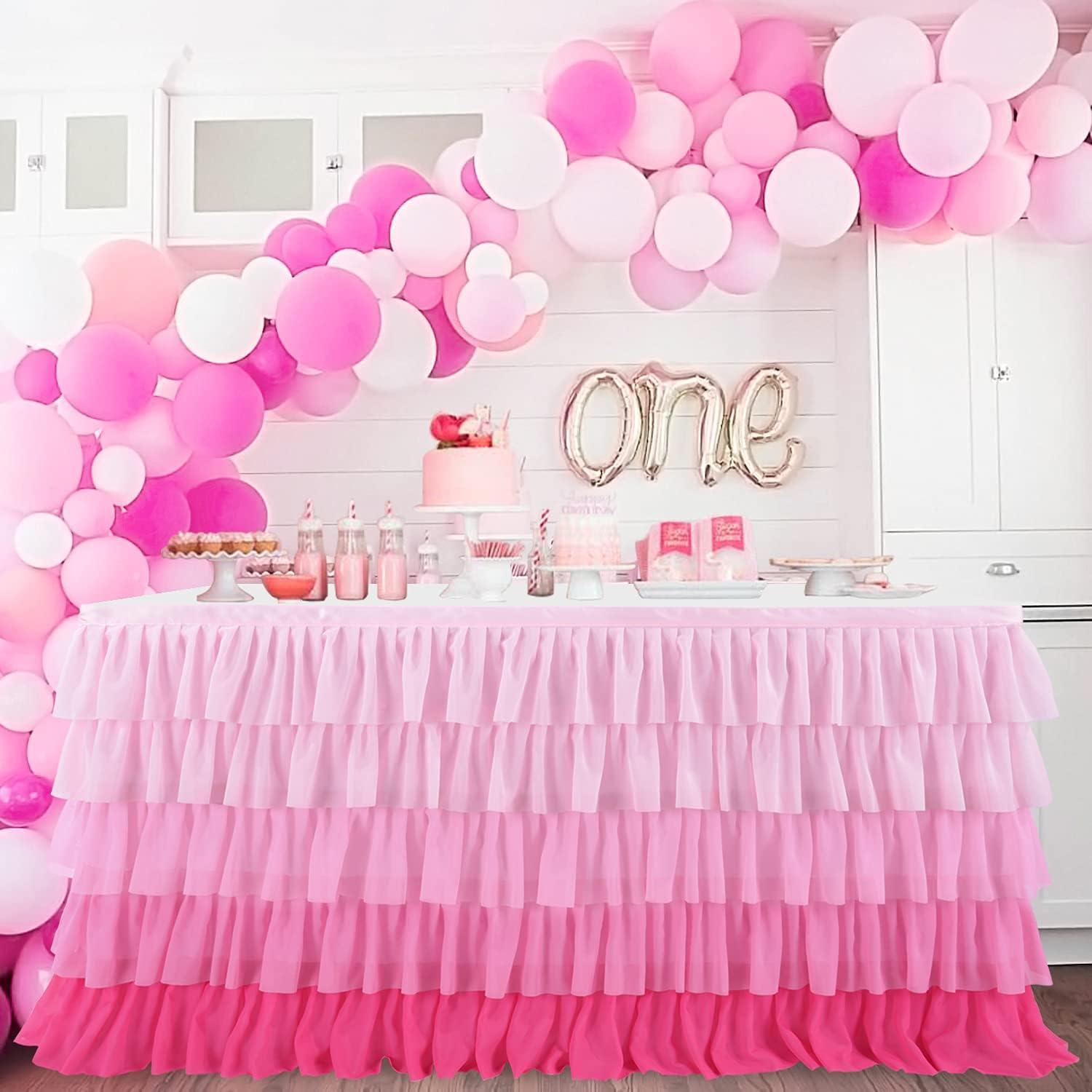 imageRainbow Table Skirt Colorful Tutu Tablecloth for 6ft Rectangle Table Birthday Uincorn Indian Party Christmas DecorationPink Chiffon