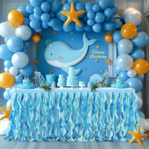 imageBaby Shark Table Cloth for Parties Blue Ruffle Tulle Tutu Table Skirt Rectangle Table 6ft Under the Sea Party Decorations Ocean Themed Party Desk Skirt Baby Shark Birthday Decoration Desk Skirt CoverBlue