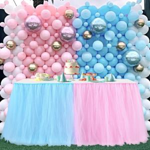 imageHB HBB MAGIC Pink Tulle Tutu Table Skirt for Birthday Party Baby Shower Girls Wedding Gender Reveal Pink Table Skirts for Rectangle Tables 6FTBlue Pink Handmade