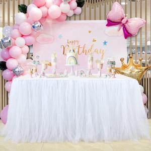 imageHB HBB MAGIC Pink Tulle Tutu Table Skirt for Birthday Party Baby Shower Girls Wedding Gender Reveal Pink Table Skirts for Rectangle Tables 6FTWhite Handmade
