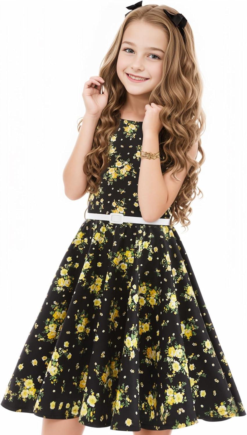 imageHB HBB MAGIC Girls Vintage Dress 50s Retro Twirling Special Occasion Dresses Size 614 Sleeveless Kids DressBlackyellow Floral
