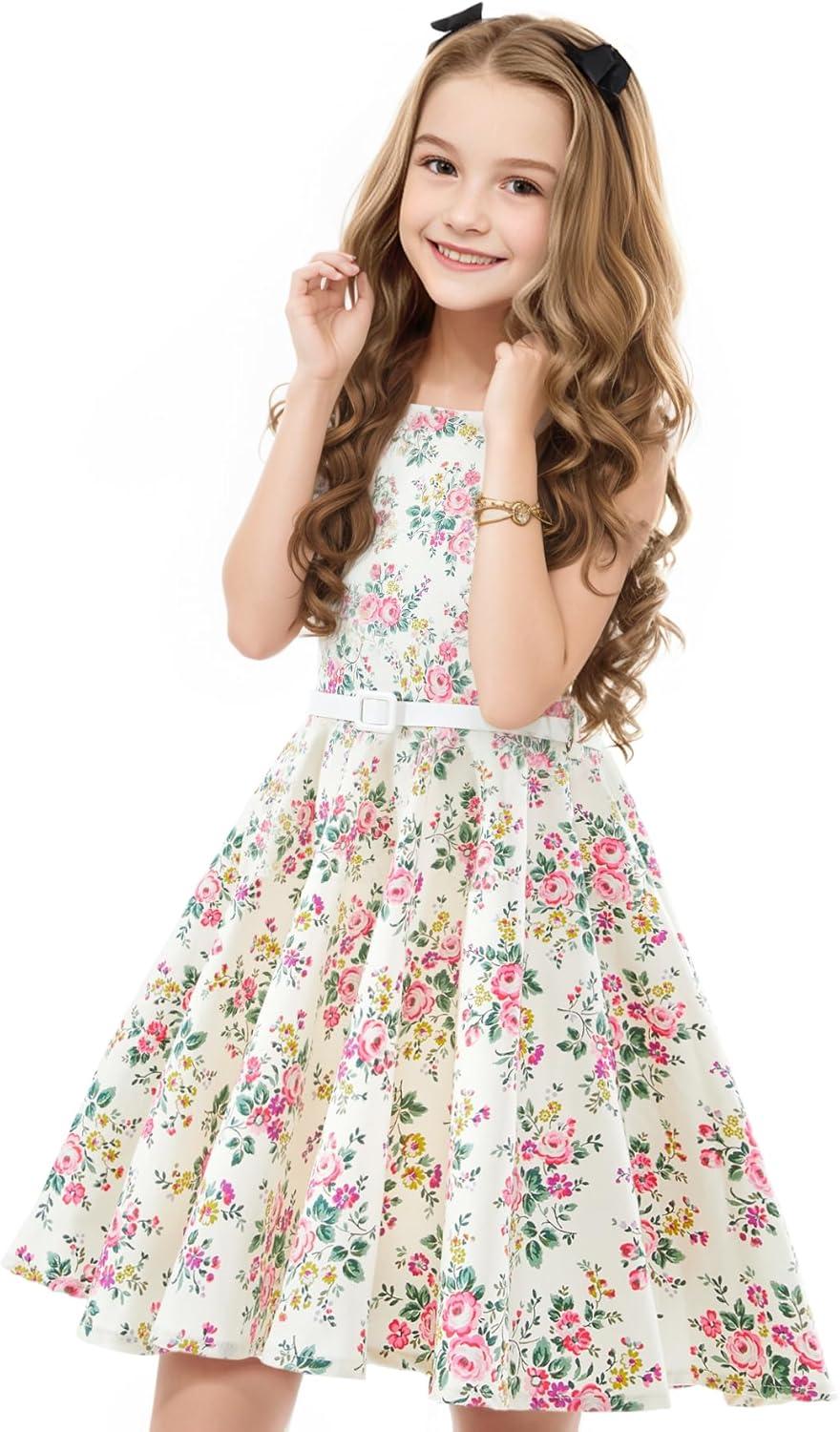 imageHB HBB MAGIC Girls Vintage Dress 50s Retro Twirling Special Occasion Dresses Size 614 Sleeveless Kids DressWhitepink Floral